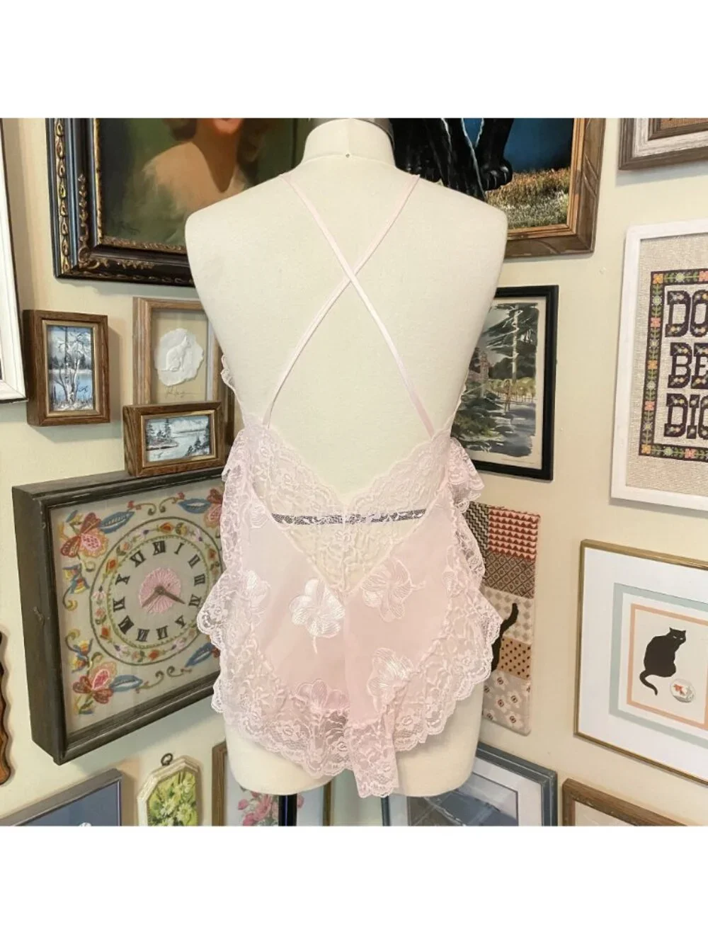 80s Vintage Sheer Lacy Pink Strappy Teddy with High Cut Legs Lingerie Size M - Picture 3 of 5